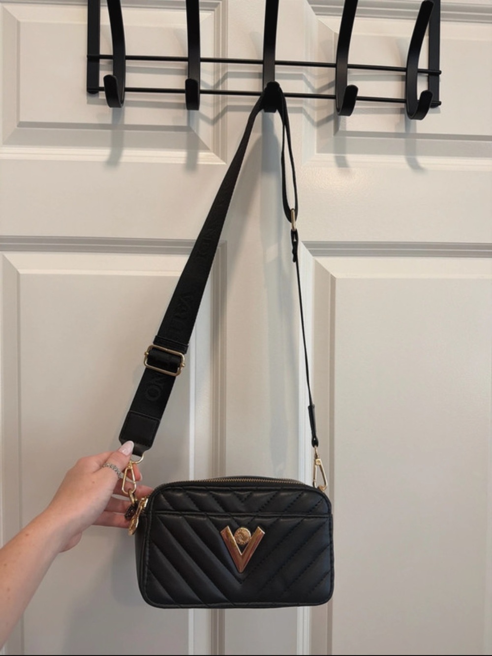 Valentino Orlandi- Black Quilted Crossbody Bag with Gold Accents - Women Bags